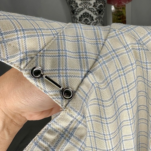 NWT Avec Les Filles Tan and Blue Plaid patchwork Trenchcoat Medium - Picture 15 of 16